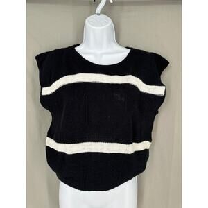 80s Vintage Top Womens Small Black Striped Knit White Nautical Retro Cap Sleeve